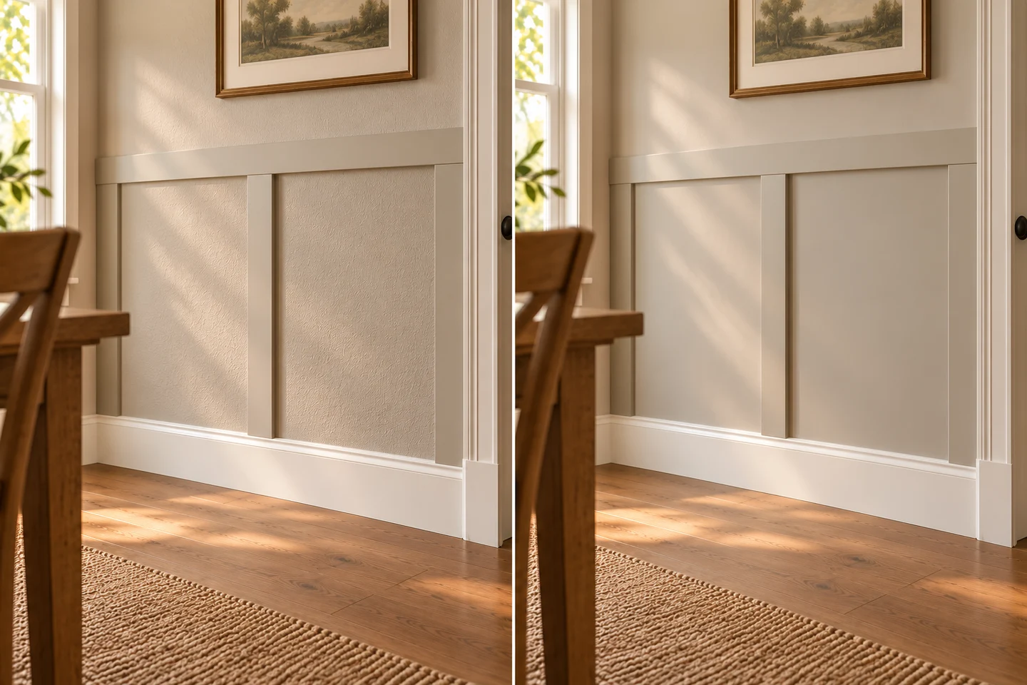 The same paneled room compares visible wall texture with a smooth painted background between the battens.