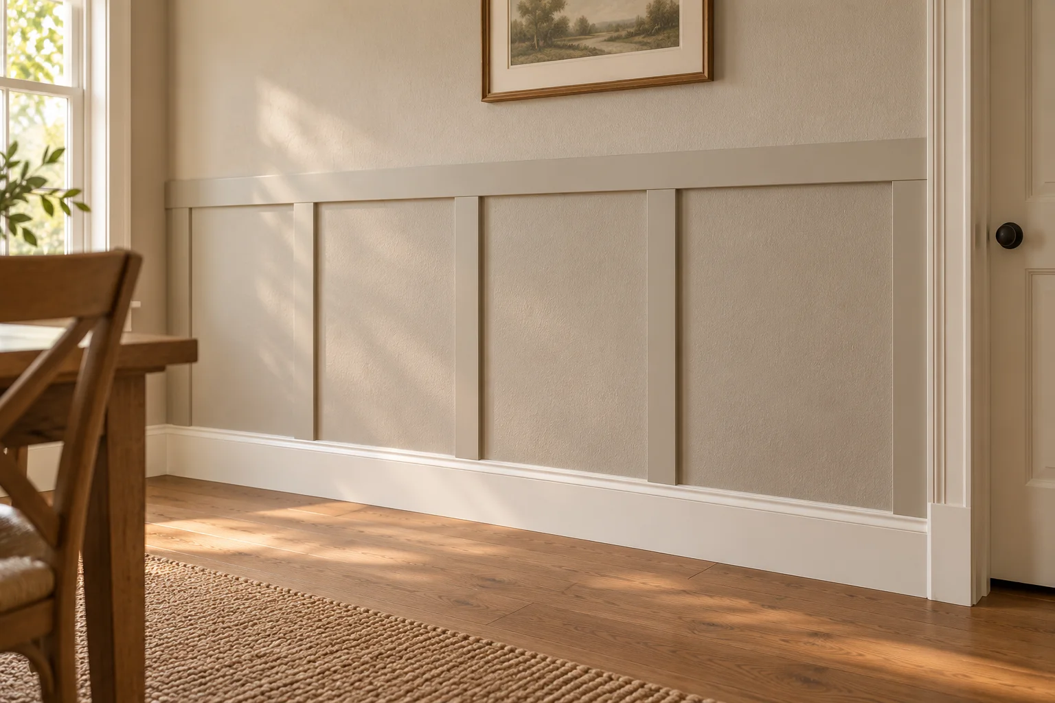 Putty-painted board and batten with visible wall texture in a sunlit room with oak flooring