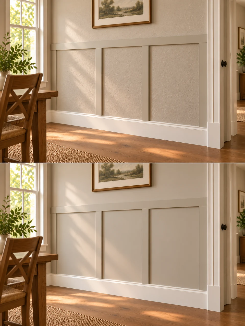 Paneled room with painted wall texture visible between smooth battens.