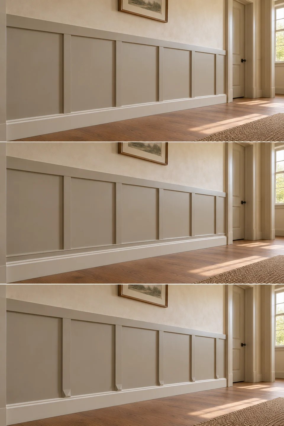 Direct meeting: wider hallway view of the batten-to-baseboard treatment.