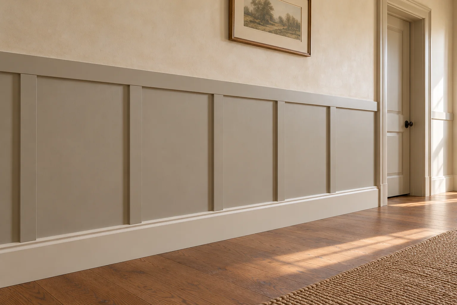 Putty board-and-batten paneling meets retained white baseboards in a sunlit hallway with oak flooring.