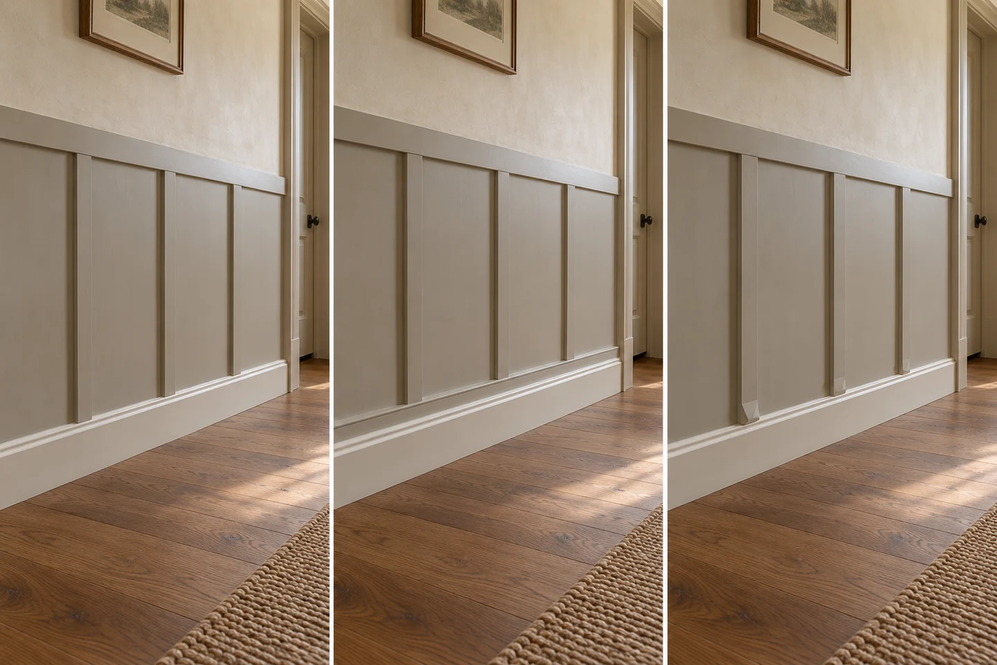Three matching views of a paneled hallway compare battens meeting existing baseboards directly, an added continuous transition molding, and tapered batten ends.